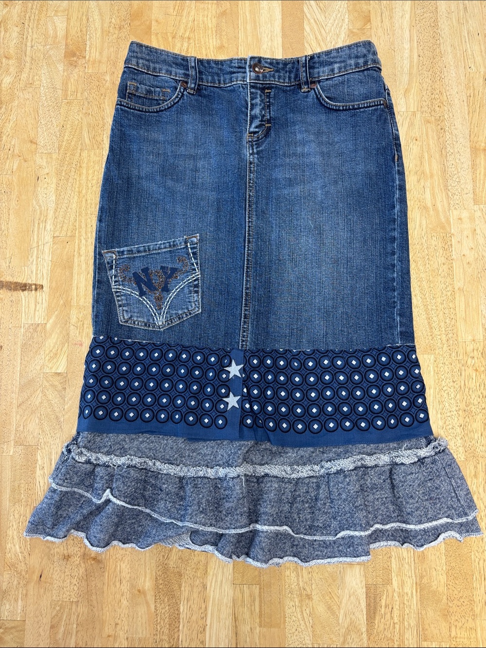 Vintage ESPRIT Denim Midi Skirt Patchwork Tiered Ruffle Eyelet Detail NY Pocket